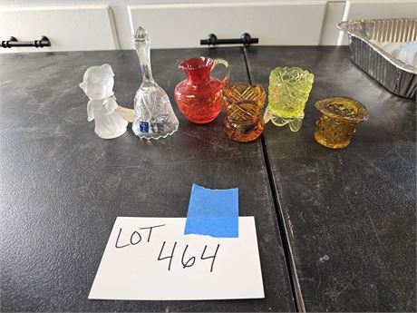 Mixed Glass Lot:Lead Crystal Bell/Amber Top Hat Toothpick Holder & More