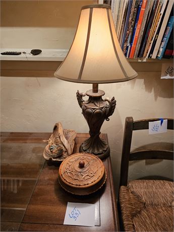 Carved Wood Lidded Round Bowl/Carved Ribbed Hand Basket/Urn Lamp