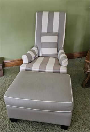 Arhaus Furniture-Gray/White Striped Highback Chair w/Matching Ottoman