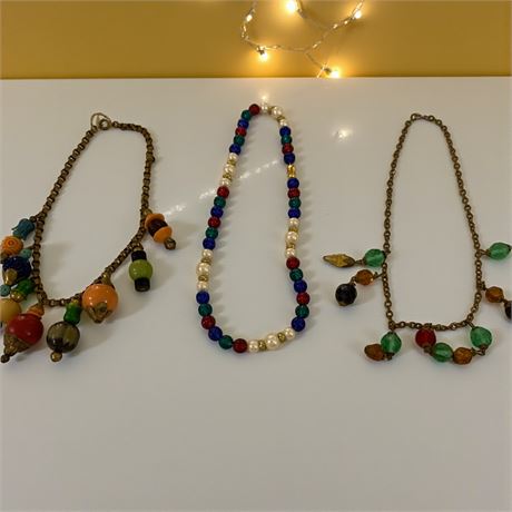 Amulet Glass Bead & Metal Charm Necklace, Faux Pearl Beaded Multicolor Necklace