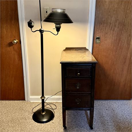 Tole Floor Lamp & Wood Nightstand/Occasional Table on Casters - 31"T x 14 x 20"