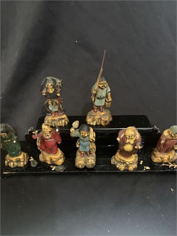 Japanese Figurines - Seven Lucky Gods of Fortune Shichifukujin W/Shelf From WWII