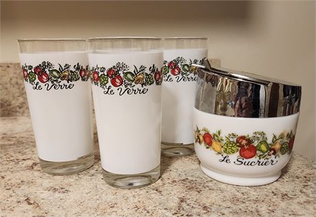 Set of 4 Gemco Glasses & Matching Sugar Bowl "Spice of Life"