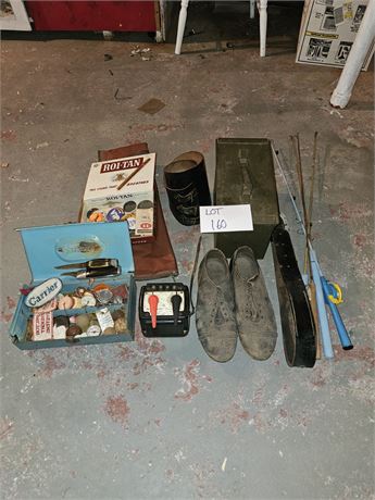 Mixed Vintage Lot- Ammo Box, Weight Belt, Political Buttons, Kids Poles & More
