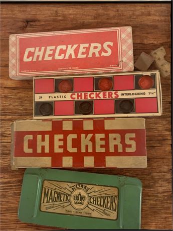 Checkers Board Game Lot of 4 - Magnetic Checkers, Plastic Interlocking (Vintage)