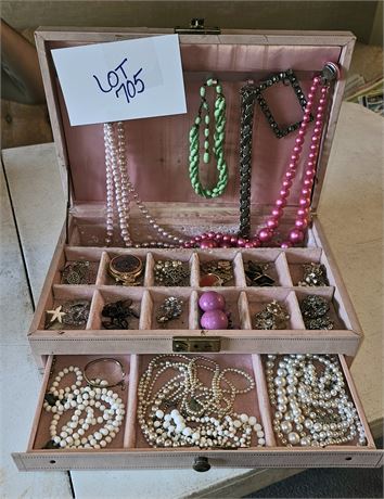 Vintage Jewelry Box w/ Mixed Costume Jewelry, Necklaces, Bracelets Earrings