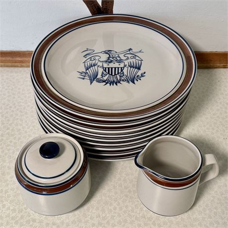 Salem Stoneware Georgetown Eagle & Shield Dinner Plates and Cream/Sugar Dishes