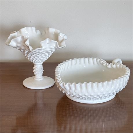 Fenton Hobnail Milk Glass Heart Dish and 5"T Compote