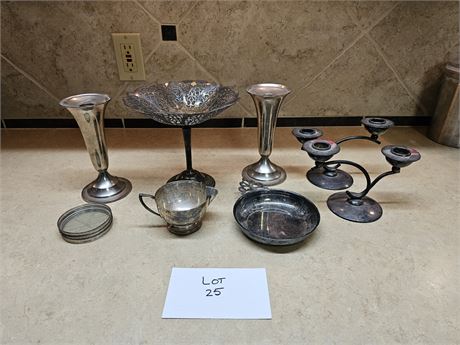 BM Double Silver Candle Holders/Silver Plate Creamer/Plated Coasters & More