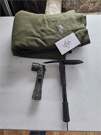 Military Green Wool Standard Size Blanket / Flashlight & More