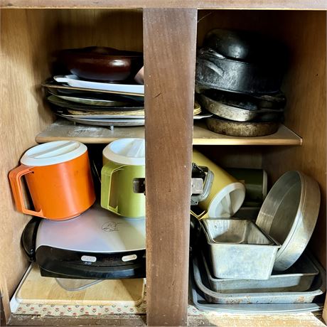 Cabinet w/ Miscellaneous Kitchen Items - Pans, Pitchers, Foreman and More