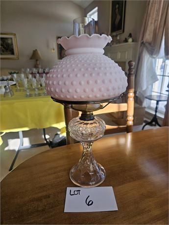 Antique Oil Lamp w/ Pink Frosted Hobnail Glass Shade
