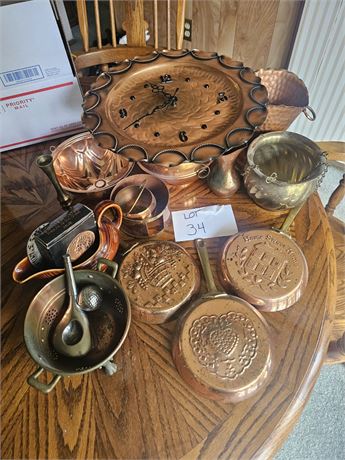 Mixed Brass & Copper Decor- Spittoon, Candle Sticks, Wall Clock & More