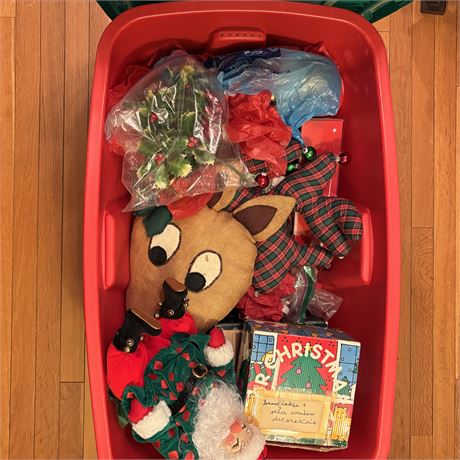 Large Tote w/ Christmas Decorations & More (Red/Green Bin)