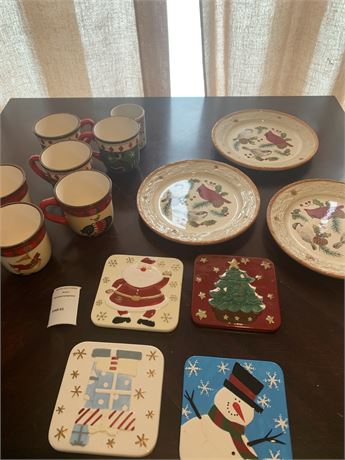 Winter Coffee Mugs, Plates, Holiday Trivet Lot