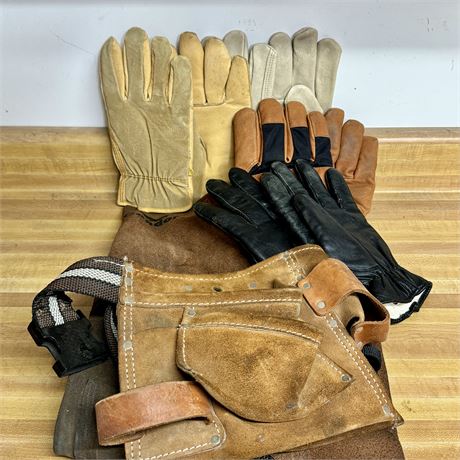 Men's Leather Gloves (Large), Woodworking Apron (Size 42) & Tool Belt