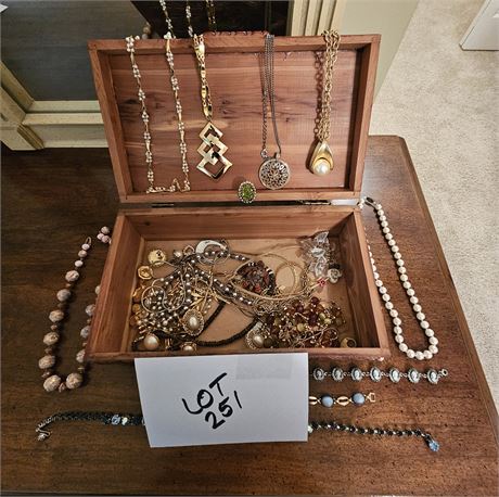 Mixed Costume Jewelry Lot: GF, Sterling & Signed Peices With Wood Box