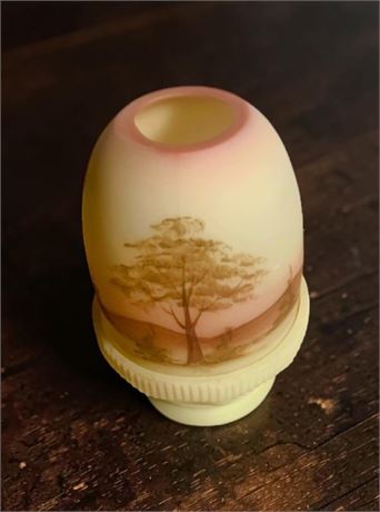 Fenton Burmese Art Glass Fairy Lamp W/Painted Tree Scene On Custard Satin Base