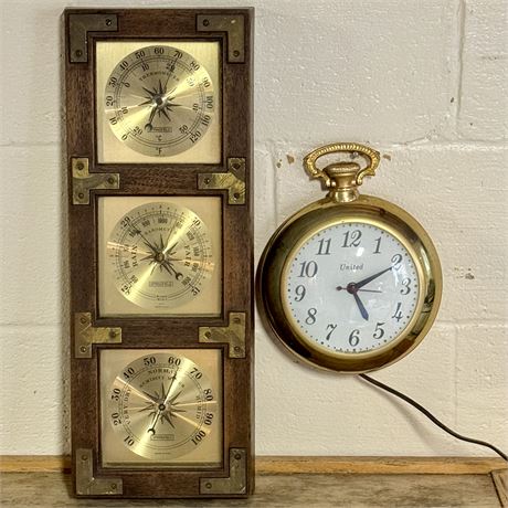 Vintage United Pocket Watch Wall Clock and Springfield Barometer