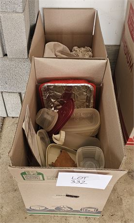 2 Box's Of Misc- Kitchen Storage, Towels, Place Mats & More