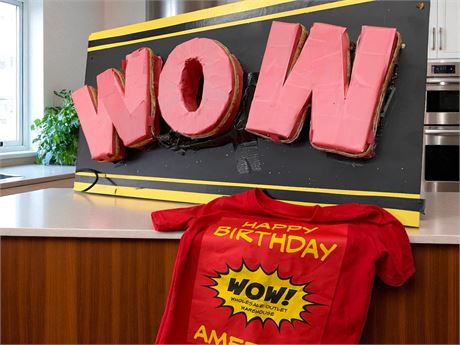 WOW Lighted Advertising Wall Sign & WOW Birthday T-Shirt