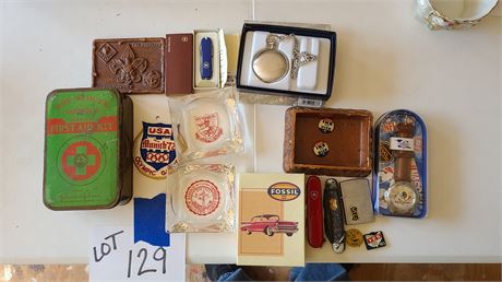 Mixed Collectibles Lot: Boy Scouts 1st Aide Kit/Pocket Knives/Ike Pins & More