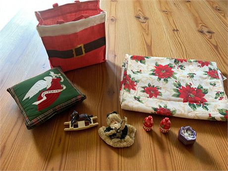 Christmas Throw Pillow, Santa Bag, Poinsettia Table Cloth, S&P Shakers and More