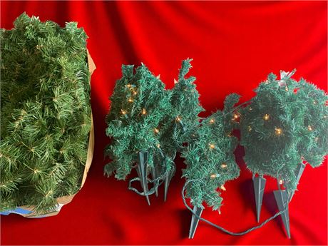 Set of 8 Mini Outdoor Lighted Christmas Trees With Stakes & Pine Garland