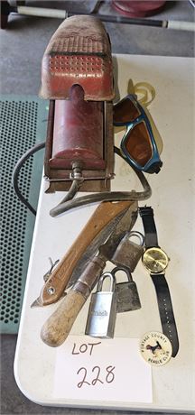 Misc Mixed Lot Ski Goggles, ARS Knife, Foot Pump, Locks & More