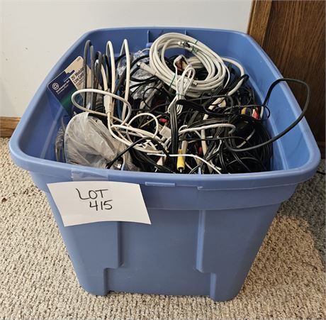 Large Tote Of Mixed Electrical Cables, Wires, Charges & More