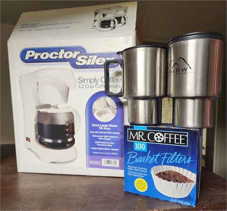 *NIB* Proctor Silex Coffee Maker w/Filters and 2 Stainless Steel Mugs