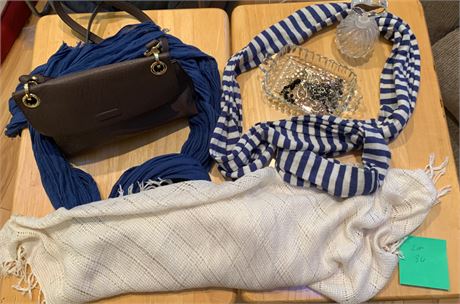 Brown Calvin Klein Handbag, Navy/White Stripped Infinity Scarves, Cream Scarf