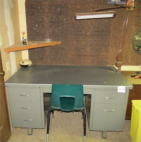 Metal Desk, Chair, Lamp