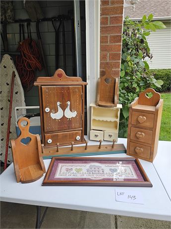 Mixed Country Wood Decor Lot: Wall Art / Shelves / Coat Hangar & More