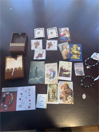 Religious Lot - Bracelets, Pins, Prayer Cards and Holder