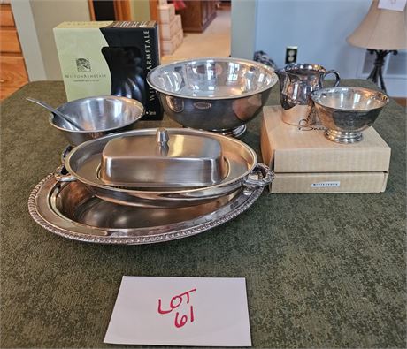 Mixed Plated & Metal Kitchenware- Bowls, Bread Plates, Gravy Boat & More