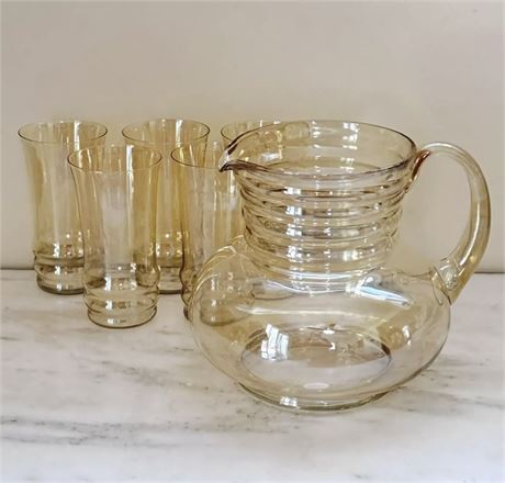 Scarce 1930's Dunbar Iridescent Topaz Glass Pitcher & Tumblers Set