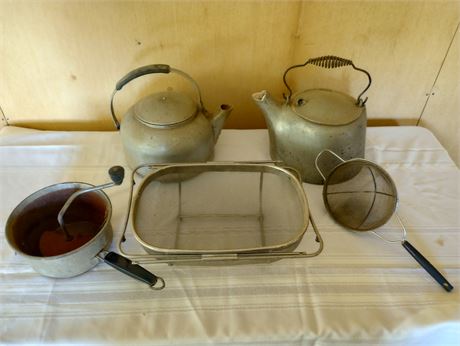 Vintage tea kettles, strainers