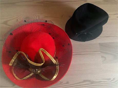 Mr.Charles Red Felt Hat W/Black Polka Dotted Veil & Gold Bow