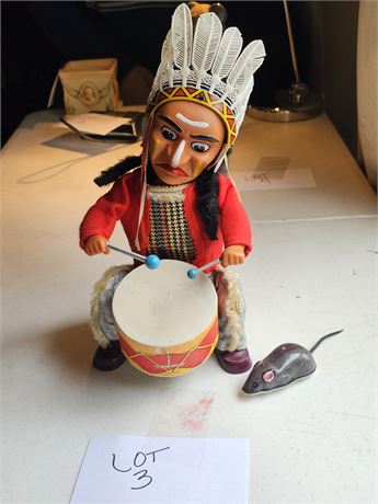 Vintage Joe Alps Toy RF Indian Drummer - Battery Operated Toy & Tin Mouse