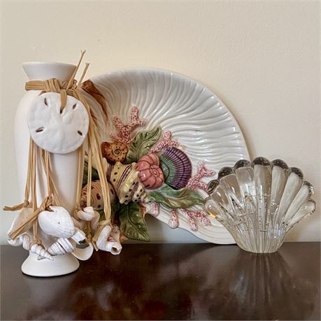 Ocean/Shell Decor w/ Art Glass Seashell Paperweight & More