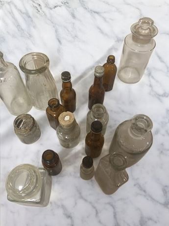 Glass Bottle and Apothecary Jar Lot - Amber, Clear Glass (Vintage)
