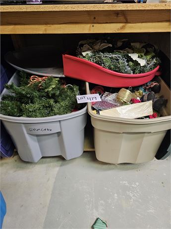 (2) Large Tote of Christmas : Garland / Ribbon / Wreaths & More