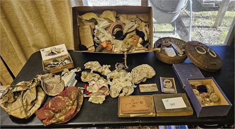 Huge Lot of Antique Victorian Sewing:Ribbons/Thread/Lace/Stencils & More