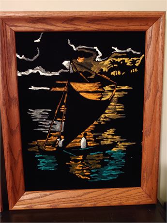 Vintage Black Velvet Painting "Reflections of Sailboat on the Water"