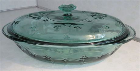 Vintage Libby Orchard Fruit Green Glass Covered Casserole Dish