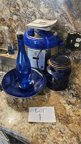 Cooks Essentials 4qt Pressure Cooker, Blue Pottery Bowl, 1969 Cobalt Glass Jar