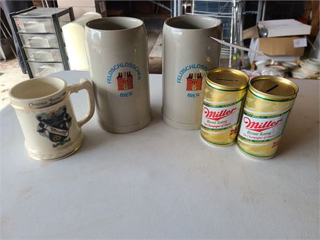 Beer Steins:Christmas Formal 1954/FeldschLosschen Bier Steins & Miller Beer Bank