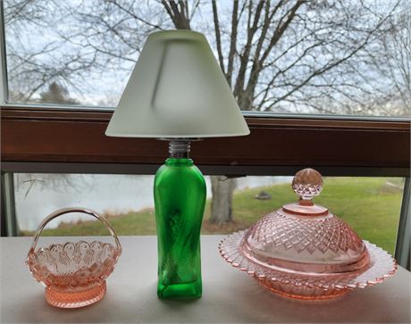 Depression glass dish, small glass lamp