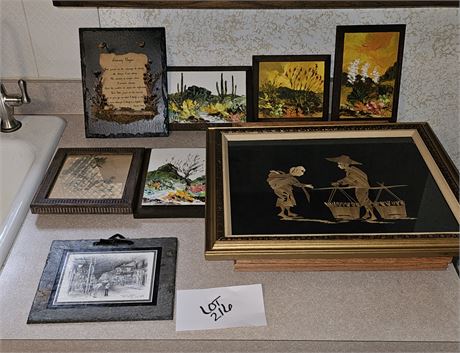 Mixed Art Lot- Folk Art MCM Straw Art, Mixed Oil on Board Desert Art Landscapes